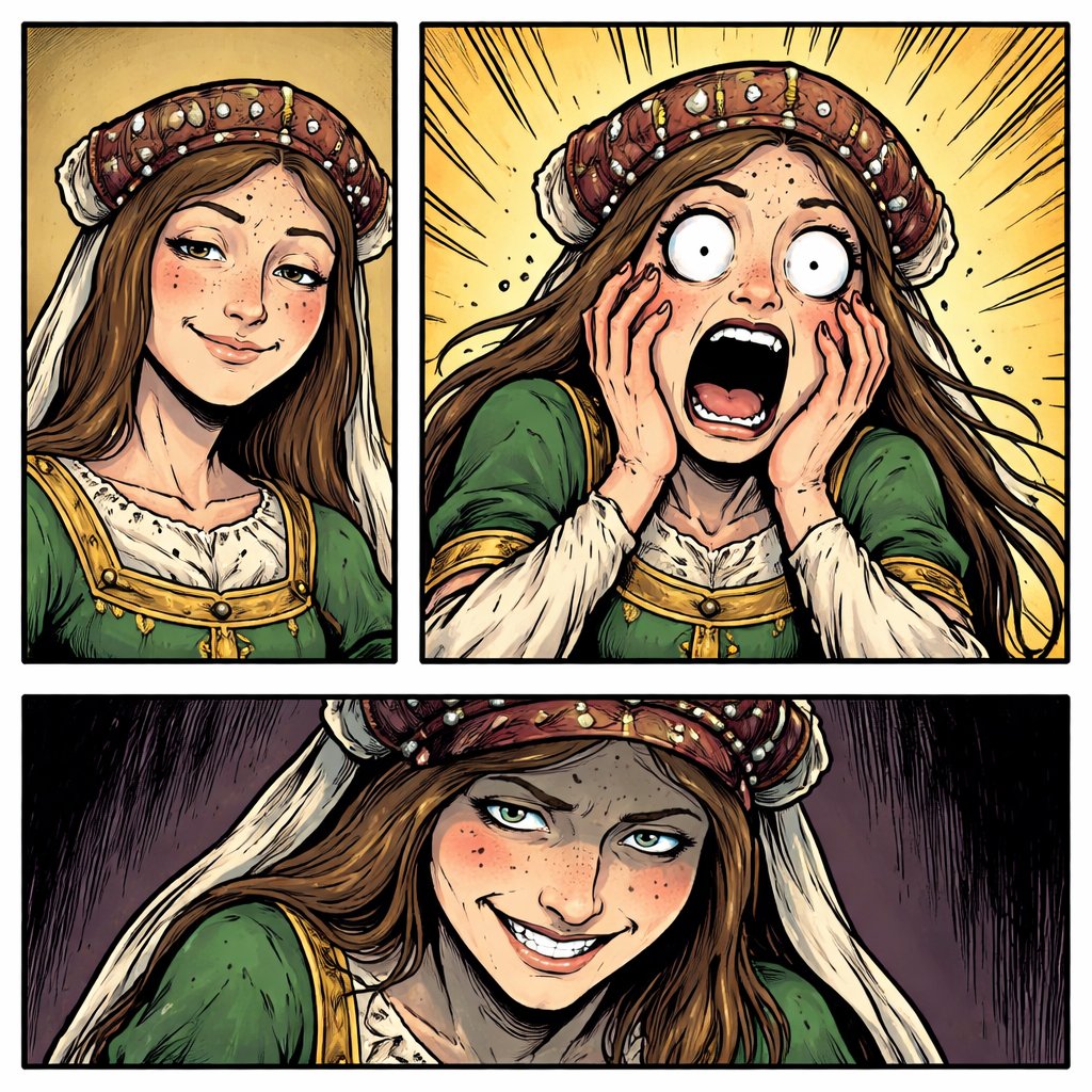 Realistic. Small eyes. Unattractive, mediaeval young woman, dressed very well three panels. The first he smiles slightly. The second is horrified and the third he has an evil grin.
