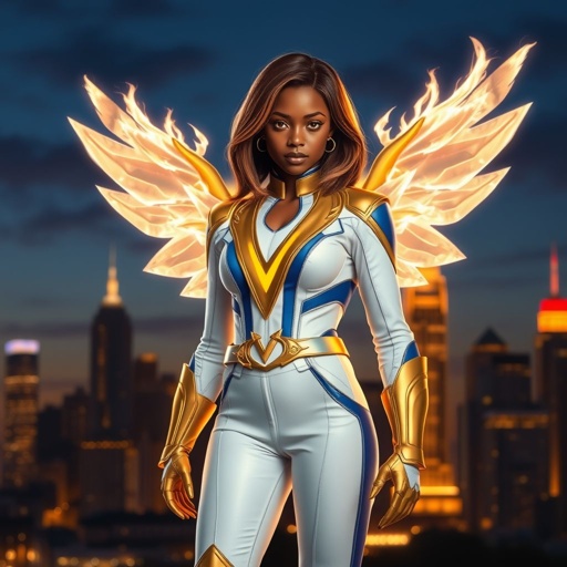 A teenage African American female superhero with brown hair with gold highlights in a shoulder length side part hairstyle with pure Gold Glowing eyes wearing a white suit with gold and royal blue with white pants and gold and white knee length boots with a utility belt with a gold V as her chest emblem with glowing wings made of white fire in Philadelphia