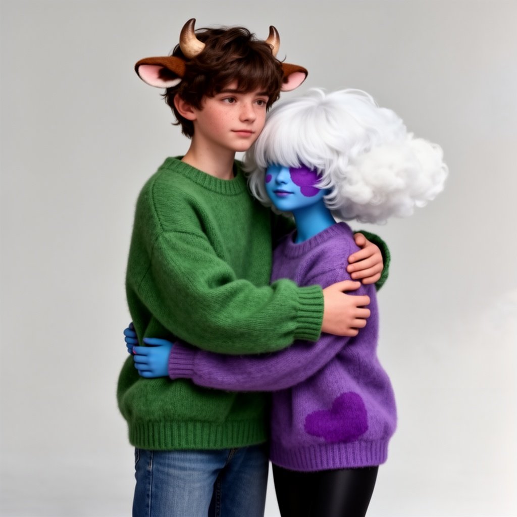 Two characters hugging wearing matching sweaters. The boy has a green one and the girl has a purple one. The boy has dark brown hair, small horns and cute cow ears. He is a little taller than the girl and usually has a blank expression but blushes a lot around her( he is also wearing jeans) the girl is wearing a matching purple sweater ( both are oversized) , her skin is blue with purple patches and she has a soft cloud shaped poof of white hair that covers her eyes. She is also wearing black leggings.  She has cute blushing cheeks and two small black dots on each .A purple patch covers right side of her face. 