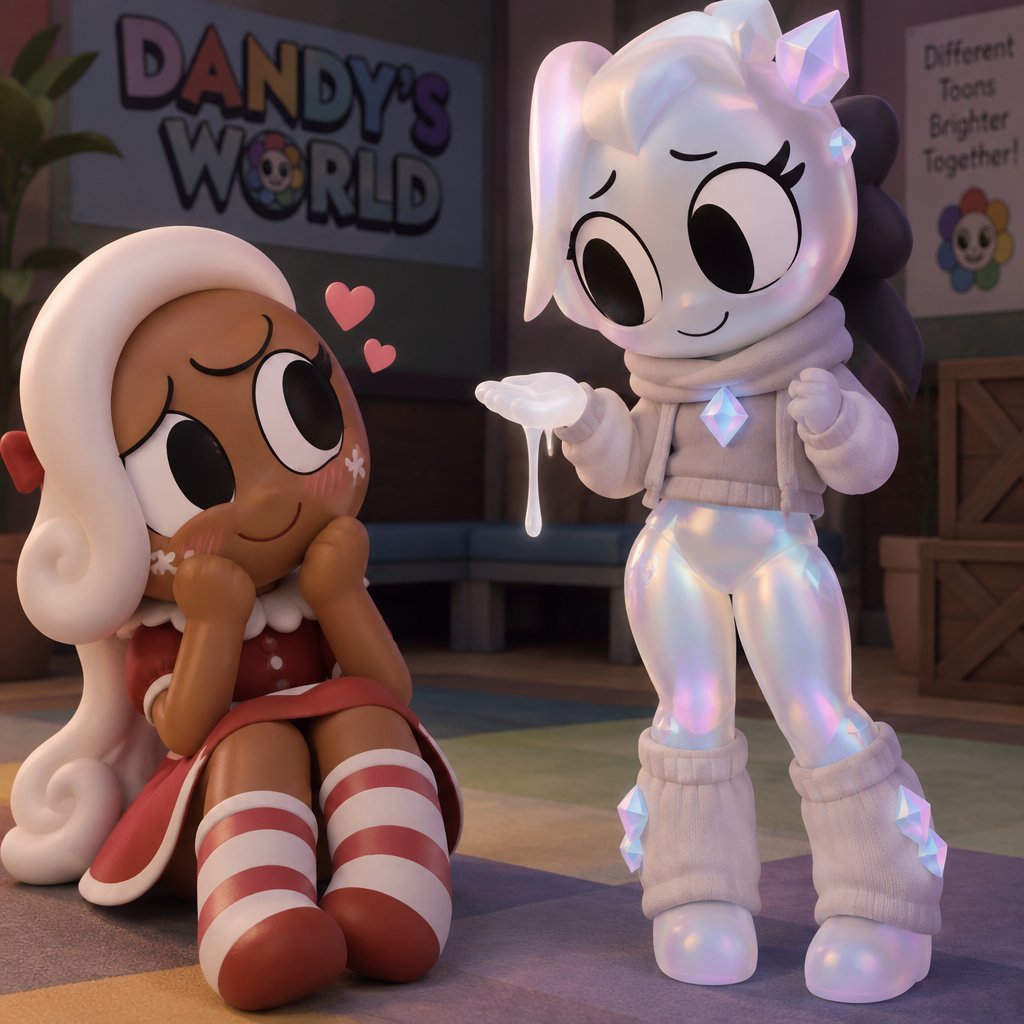 Ginger from Dandy’s world watching my dandy’s world Oc and summer main Crafter the Opalite shard who happens to be Gingers love showing her white Ichor aka Purified Ichor and Ginger notices that her legs and hips and waist are Opalite and the tops of her socks have Opalite crystals on them but she doesn’t mind