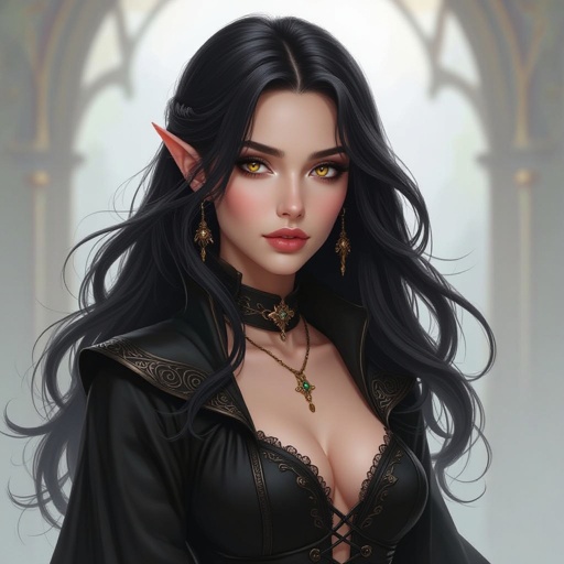 Black elf women with brown eyes and black hair 