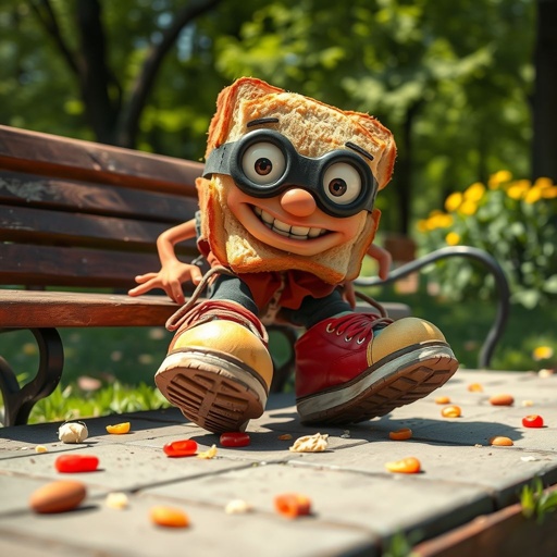 Create a funny looking clumsy sandwhich thief with funny shoes on. Make him have on the bandit black thing around his eyes 