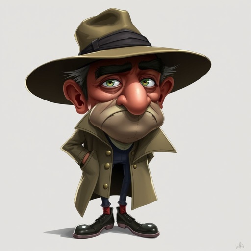 Create an adult character who is a goofy looking detective, who is confident. But funny looking and grouchy and looks tired . With cool shoes on.