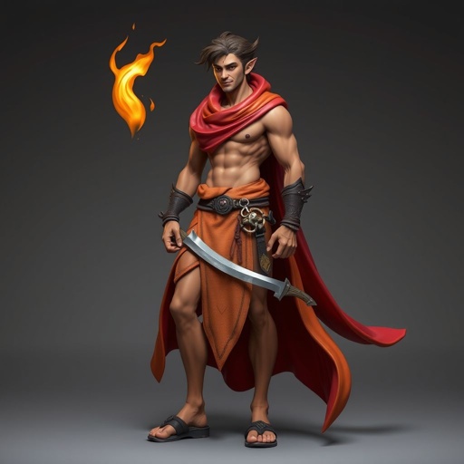 Create handsome hero name Rhen the Fire – A lean, muscular man. He wears layered, flowing desert robes dyed in warm reds and golds, with scorch marks where flames have licked them. A curved blade hangs at his hip. Show whole body head to toe including her shoes.