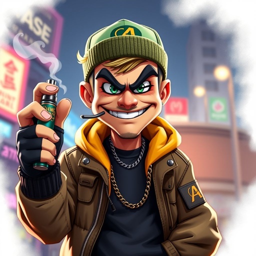 Create a funny cocky character named vaping Kenny, not smoking a car just holding one and thinking he is the man