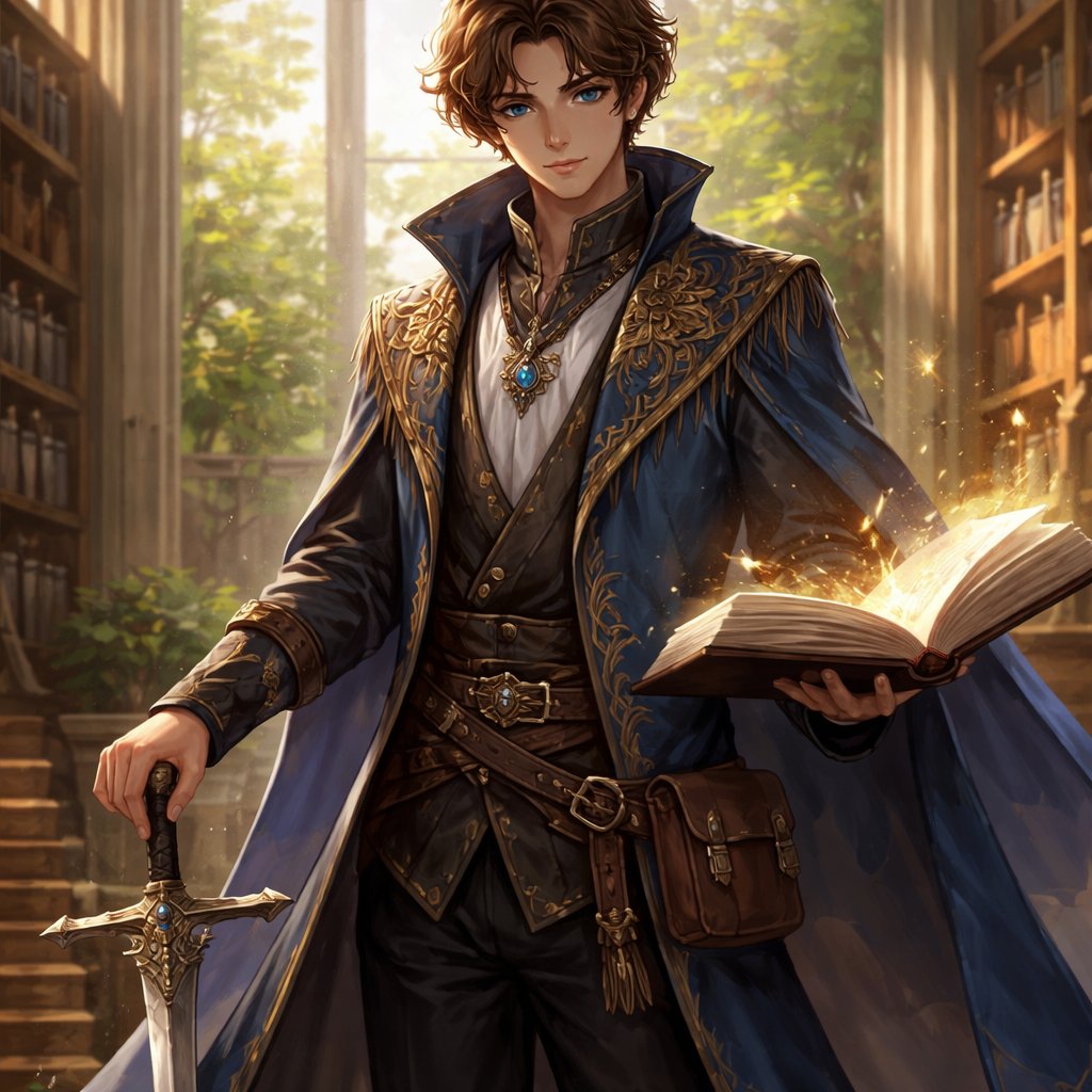 Young lord of knowledge with sword and characteristic