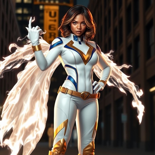 African American female superhero with brown hair with gold highlights in a shoulder length side part hairstyle with pure Gold Glowing eyes wearing a white suit with gold and royal blue  with white pants and gold and white knee length boots with a utility belt with a gold V  as her chest emblem with glowing  wings made of white fire in Philadelphia 