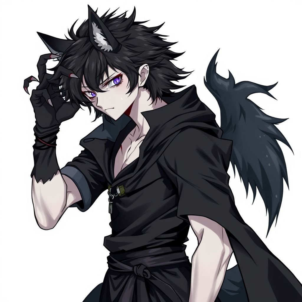 Create in anime style, a teenage adult male human who is gothic and has pale skin and is wearing black attire and has werewolf features including werewolf’s ears and werewolf’s claws and a werewolf’s tail. 
