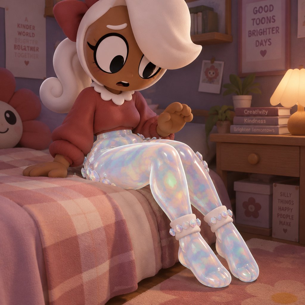 Ginger from dandy’s world in her room sitting on her bed as her hips and waist turn into opalite like her feet and legs before with her wearing her socks which have opalite crystals around the white part around her ankles