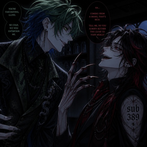 Man, tall, pale, snack like with snack eyes, green and blue hair mysterious talking to Anime white male, name Lloyd, hair messy long one loose braid, black hair with light red stripes, clean shaven,red eyes, long scary fingers spider fangs, glasses, sarcastic, cold, laugh mockingly, traumatized,was a unwillingly experiment many years before getting rescued, no memory of his past, has power of a spider, poisonous makes spider webs with his hands, can communicate and control spiders, on right arm a print says sub 389, doesn't remember anything from his past,very dangerous,