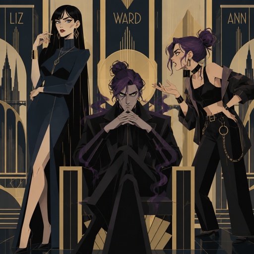 Three siblings, Female name Liz, oldest, tale, pale, beautiful, very call expression, mysterious, black hair long curtain bangs style, bright blue eyes, wearing a dark blue long turtleneck dress, high heels, eye liner,dark eye shadow,red lips, wearing jewelry, Anime style, Agent Ward male, middle child, made to be a weapon, highly skilled, emergency backup case he gets out of control, hair violet messy bun, clean shaven, night vision eyes no goggles, sharp teeth, dark power, tall, intimidating, he's used as an emergence backup weapon, Female Ann, youngest sibling, medium hight pale, tan, blue eyes, vivid purple dim hair in a messy bun her front hair is swooped down in her right side, mischievous, rebel/ grunge clothe style,arguing oldest sister Liz is rolling her eyes 