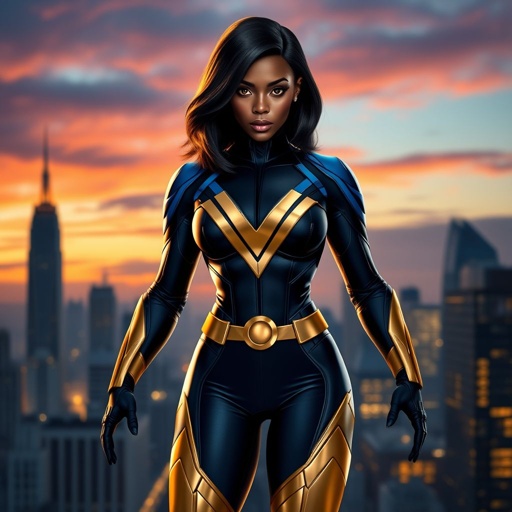 African American female superhero with hair in a shoulder length side part hairstyle with pure Gold Glowing eyes wearing a black blue and gold accented suit with navy blue pants and gold knee length boots with a V with the top half gold and the bottom half black as her chest emblem in Philadelphia