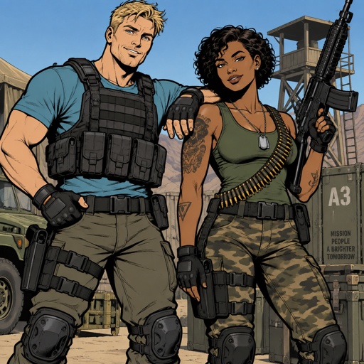 Male, short messy blonde hair, brushed side hair, hair in middle of forehead, smiling, cyan shirt, plain flat bulletproof vest, fingerless gloves, knee pads, belt with gun, Female, African American, curly half shaved short hair, green tank top, camo pants, belt with bullets, fingerless gloves, dog tags, belt across chest, arm strap, tattoos, gun, both posing