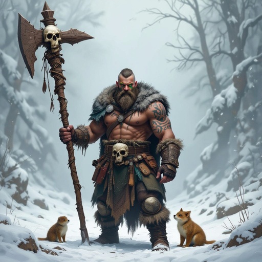 Kael the Beastbound – A rugged, broad-shouldered man with dark skin and a rough beard, wearing armor made from bone and leather. deep green eyes tattoos of animal tracks spiral down his arms. He carries a massive wooden staff carved with the shapes of beasts, and small creatures often perch on his shoulders or follow at his feet.