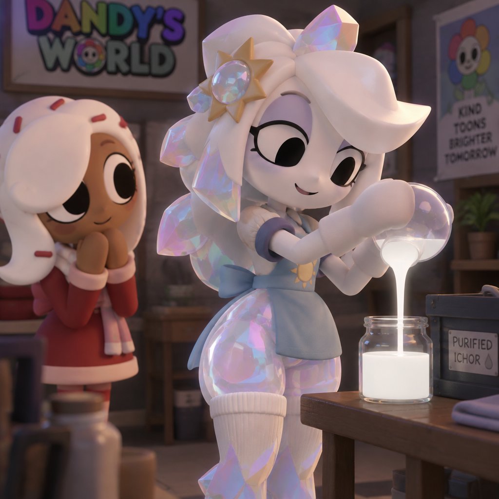 Ginger from Dandy’s world watching my dandy’s world Oc and summer main Crafter the Opalite shard who happens to be Gingers love showing her white Ichor aka Purified Ichor and Ginger notices that her legs and hips and waist are Opalite and the tops of her socks have Opalite crystals on them but she doesn’t mind