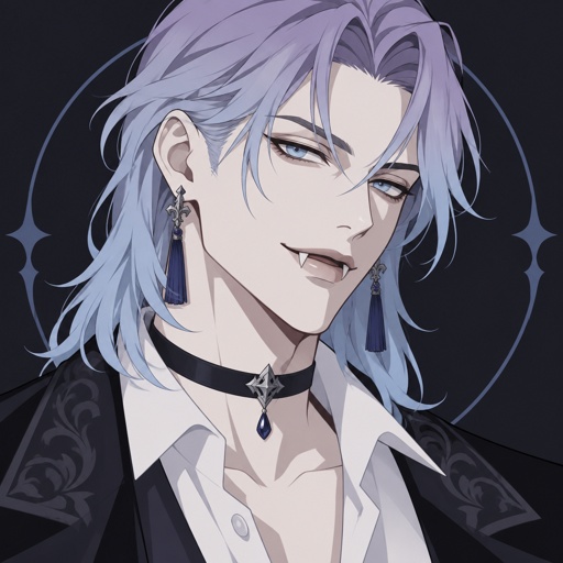 Male, pale, vampire, light blue eyes, cheekbones, shoulder length brushed back hair, back hair over shoulder,  bangs in the middle of forehead, light purple and light blue hair gradient, tassel earrings, jewelry, dress shirt, choker, smirk