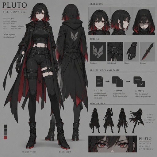 shadow assassin name code pluto the copy cat, copy and paste ability, black hair red on the inside