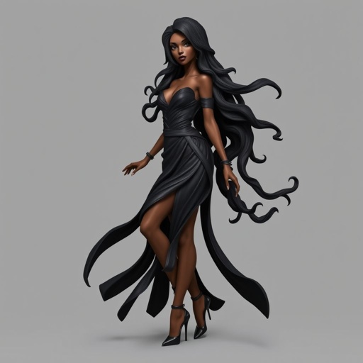 Create character hero Veyra of Shadows – A lithe, mysterious brown complexion woman draped in layered black silks that move like smoke around her. With jet-black hair. Show her whole body head to toe including her shoes.