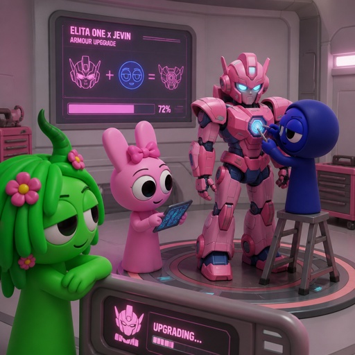 Vineria from Sprunki watching Pinki from Sprunki as Elita One merged with Jevin from Sprunki upgrading the twos shared armour to be more powerful and more durable 