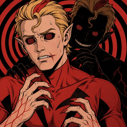 Male, blonde greased brushed back hair, neck length hair, curl on forehead, red streak in hair, slim, scar on lip, red and black spiral eyes no whites, superhero with chaos powers, cool outfit red no cape, pointy ears, pointy fingers with red tips, red veins, nervous, sweating, another version of him that’s completely black except the eyes and mouth smiling trying to manipulate him, spiral background