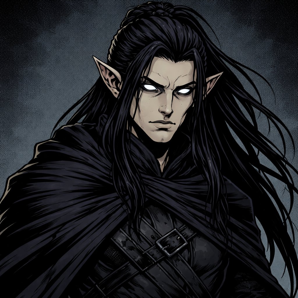 Black cloth, half Long black hair half up in a platt, elf ears, empty eyes, Male