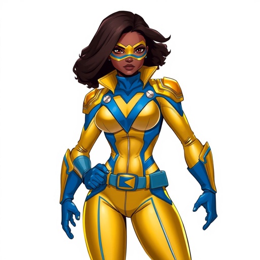 A teenage African American female superhero wearing a domino style mask with slightly curly hair in a shoulder length side part style wearing a slightly armored polyester and leather gold suit with blue accents gold pants and a stylized V as her chest emblem a utility belt and blue boot heel less