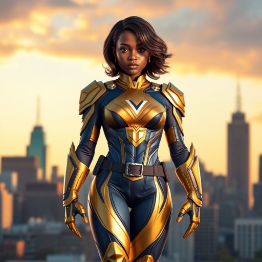 A teenage African American female superhero with slightly curly hair in a shoulder length side part style wearing a polyester armored gold and blue suit with white accents and a stylized V as her chest emblem a utility belt and gold boots standing in Philadelphia