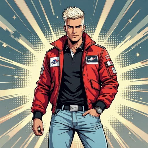 man with Platinum Blonde Buzzcut Hair.  Astronaut Flight Jacket Black And White Polo and Light blue denim jeans with red sneakers