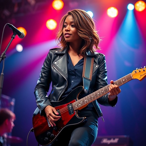 A teenage darker skinned African American woman with glasses shoulder length brown hair with highlights in a side part style wearing black leather jacket with blue accents black jeans a dark blue shirt on a stage playing a Flying V electric guitar with a band