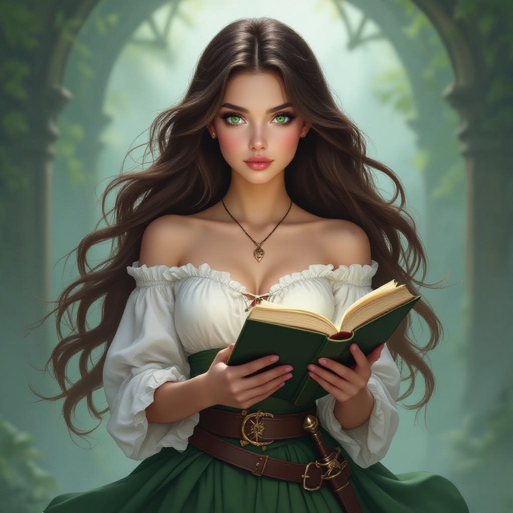 A young human woman. Long brown hair, large green eyes. Pale complexion. Delicate beauty. Holding a book. Dressed in a white, off-the-shoulder shirt and a green skirt. A dagger at her belt. Fantasy-realistic atmosphere.