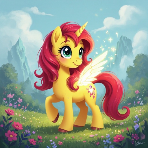 A light yellow Earth Pony with a red mane and tail and a glowing cutie Mark 