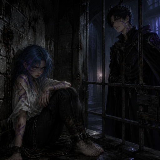A jail cell that looks dark and dim. There’s a cell with a 17 year old girl in it. She has messy blue hair with purple stripes and Hazel eyes. She is wearing a dirty white shirt and black pants. She’s skinny but looks fierce. She’s has her hands cuffed to the wall and she sits on the ground. Standing outside of the cell is an 18 year old prince who has black hair with purple stripes and blue eyes. He is wearing all black. He had a piercing and cruel look. He is smirking when he looks at the girl in the cell. 