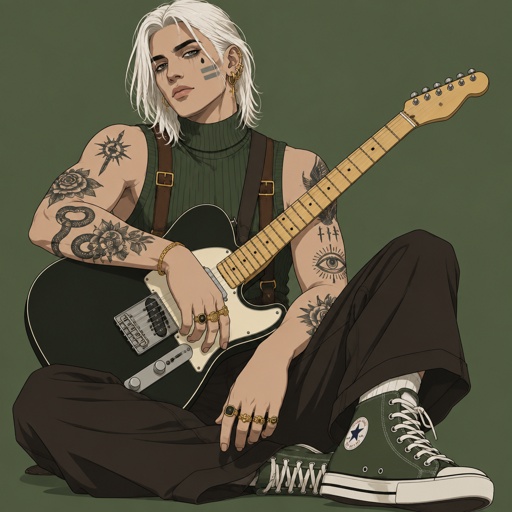 Male, shoulder length straight white hair, grey horizontal lines in hair, under eye mascara, multiple gold ear piercings, tear tattoo under eye, arm tattoos, multiple rings, sleeveless green turtle neck, brown suspenders, green tennis shoes, guitar