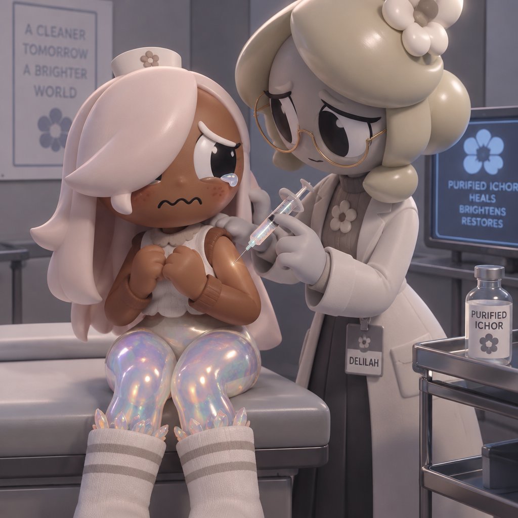 Ginger from Dandy’s world getting injected with purified Ichor by Delilah keen to keep Gingers opalite curse suppressed but her legs and hips and waist are opalite with her socks having opalite crystals around the top of the socks