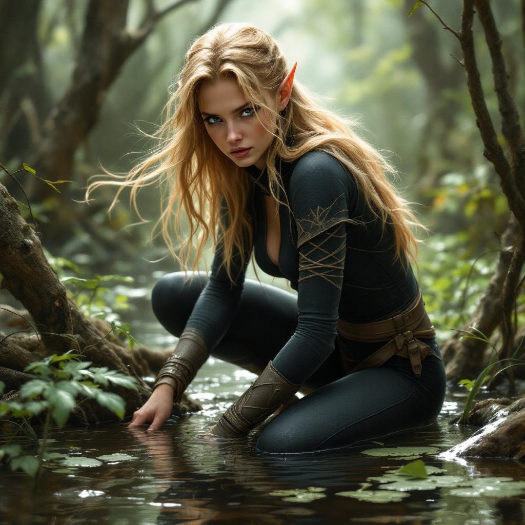 Strawberry Blonde High Elf Assassin in a Stealthy Dark Sepia and Ochre Fitted Tight jumpsuit. No tattoos. Full body. She’s crouched and hunting in a Swamp