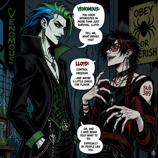 Man named venomous,tall, pale, green and blue long hair mysterious. Anime white male, name Lloyd, hair messy long one loose braid, black hair with light red stripes, clean shaven,red eyes, long scary fingers spider fangs, glasses, cold, laugh mockingly, traumatized,was a unwillingly experiment many years before getting rescued, no memory of his past, has power of a spider, poisonous makes spider webs with his hands, can communicate and control spiders, on right arm a print says sub 389, doesn't remember anything from his past,very dangerous. Venomous and Lloyd are in a room across from each other Venomous is trying to get Lloyd to talk about the experiment Lloyd coldly says "I have no answer"