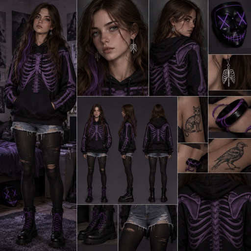 a collage of photos of a woman in a skeleton costume