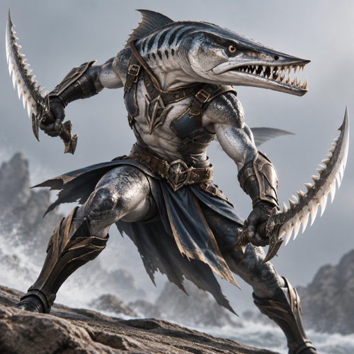 His is a barracuda fish, turned into a superhero, he has double blade barracuda sharp teeth swords in both hands. 