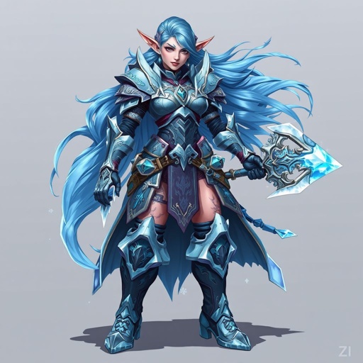 Create a battle woman hero called Alvara the Frostheart. Show full body head to toe including shoes