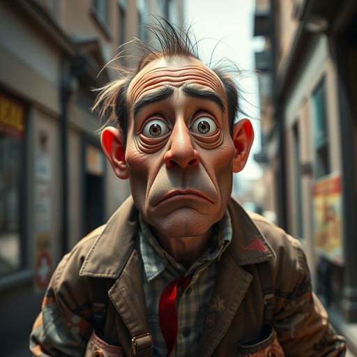 Create a funny looking paranoid man in the world, with a not so stylish outfit head to toe