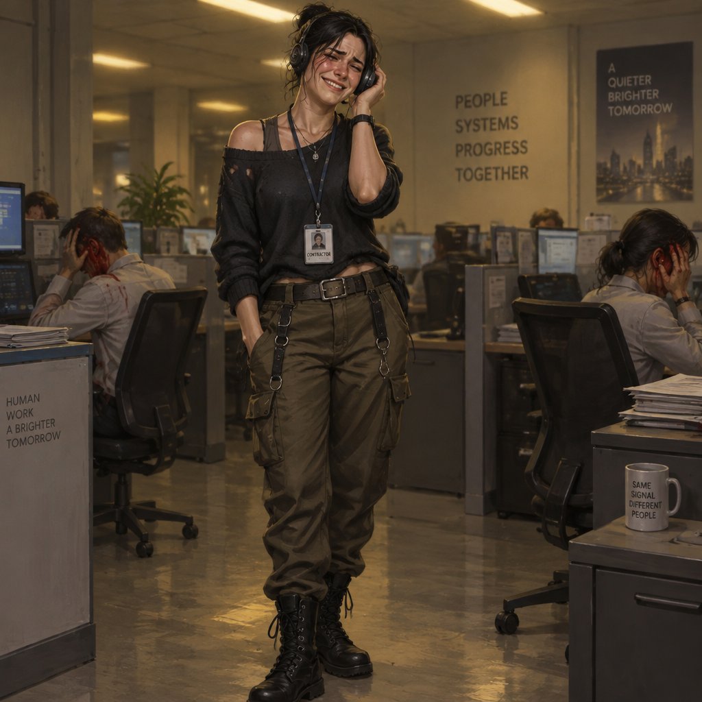 Full body, with variations of a Woman, badge still says contractor, one cup of a headset. Clothes a little wrong for the floor. Smile she uses when the signal hurts. Ear clean when everyone else bleeds. Offset, not a priest. Not mystic robes. Fortiche painted, sodium office.