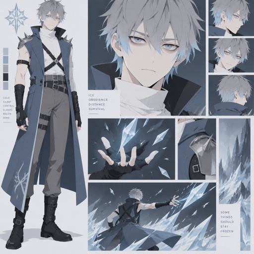 Male, pale, pale blue eyes, eye bags, grey choppy short hair with light blue tips, white turtle neck, blue sleeveless shirt trench coat, long fingerless gloves, grey pants, belts across chest, spiked on shoulders, emotionless, ice powers,  