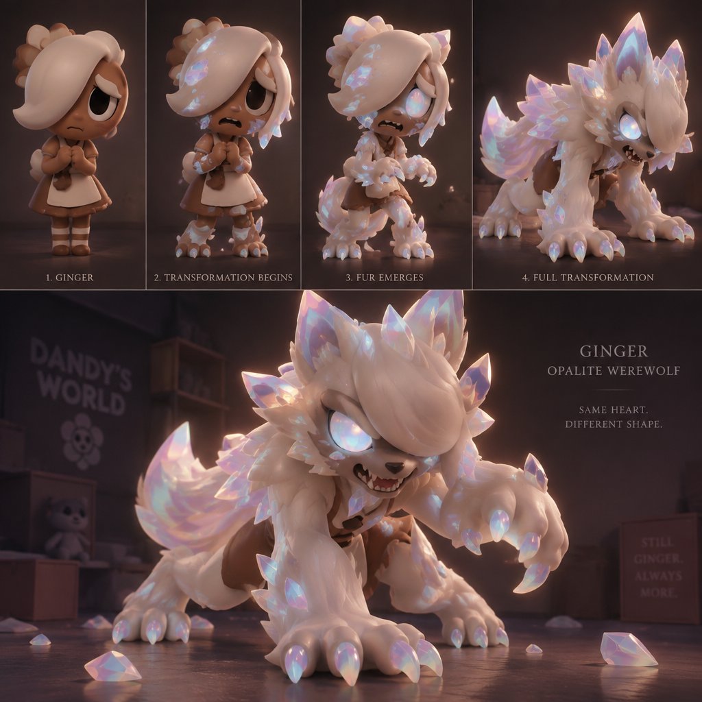 Ginger from Dandy’s world turning into a Opalite Werewolf