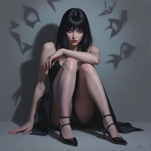 Show her shoes and entire body. Create mysterious woman jet-black hair is cut sharp to her jawline, and her violet eyes seem to pierce through darkness. A shadowy aura clings to her form, faint shapes shifting and flickering behind her like whispers of another realm. Show whole body head to toe