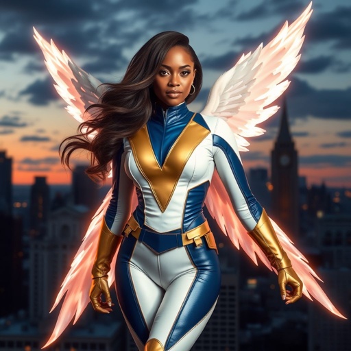 African American female superhero with shoulder length hair in a side part style and wings made of white fire wearing a slightly homemade white blue and gold suit with blue pants with a stylized V as her chest emblem wearing gold flat boots made of gold standing in Philadelphia at dusk