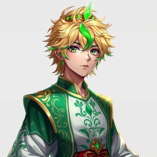 A teenage boy who is the prince of a with blonde hair and a green strand