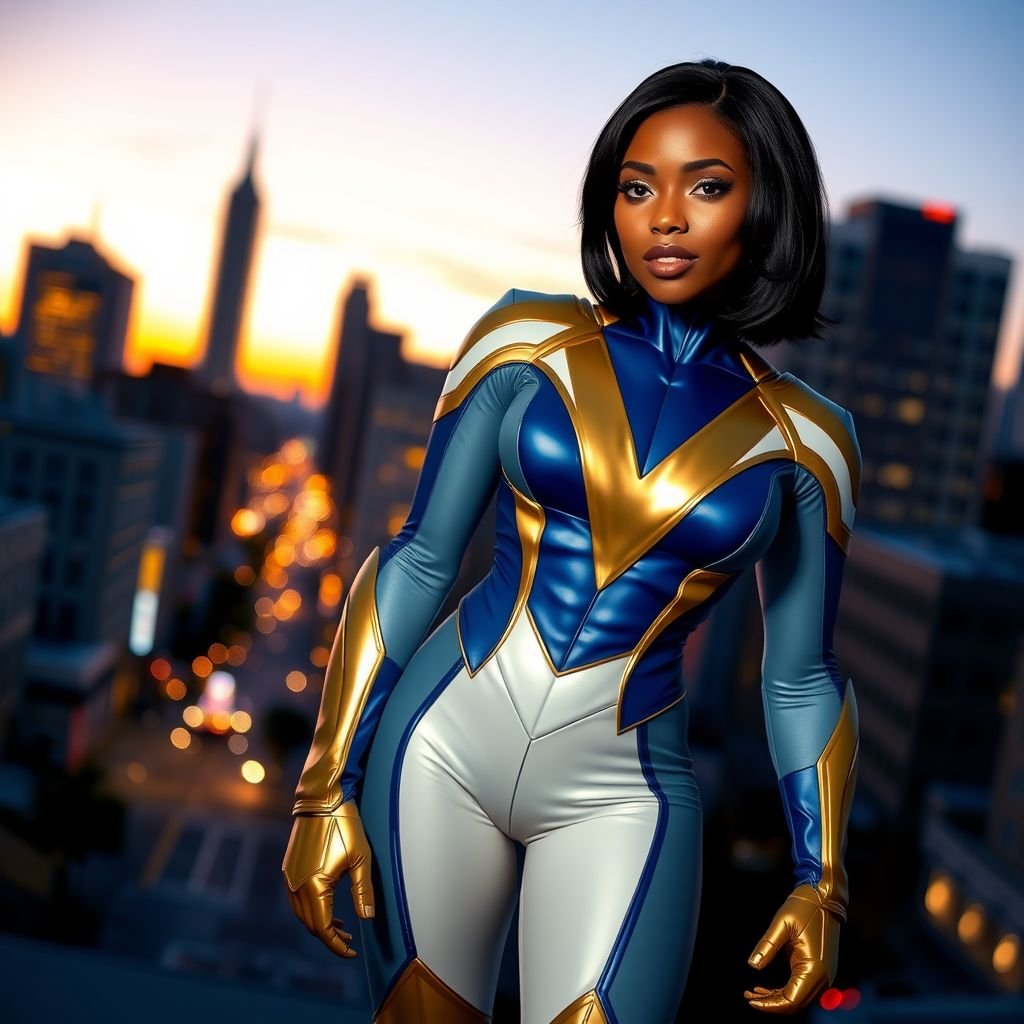 African American female superhero with shoulder length hair in a side part style and  wearing a homemade  white blue and gold suit with blue pants with a stylized V as her chest emblem wearing gold flat boots made of gold standing in Philadelphia at dusk