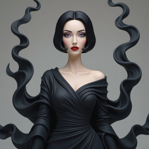 Create A lithe, mysterious woman draped in layered black silks that move like smoke around her. Her jet-black hair is cut sharp to her jawline, and her violet eyes seem to pierce through darkness.