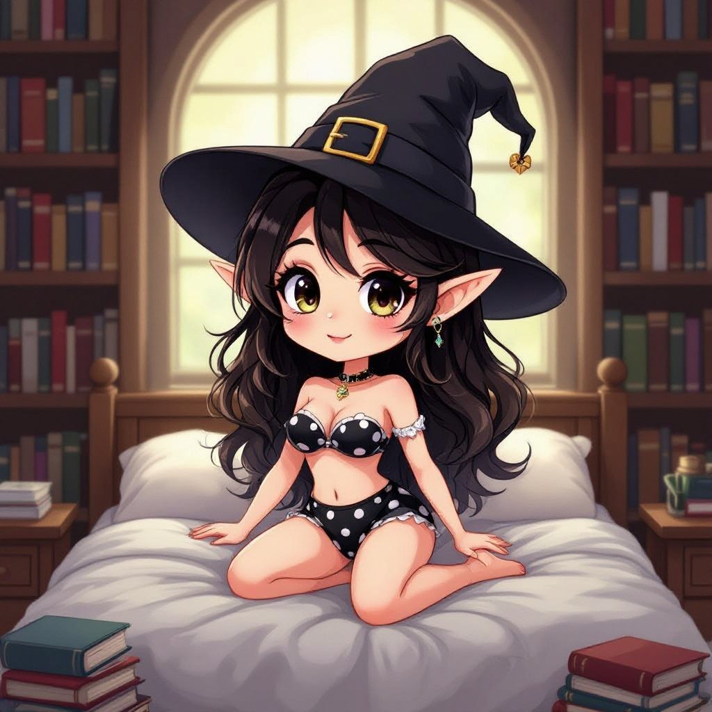 Dark Brunette Elf Witch Librariani with With Hat. Strapless Bathing Suit Top and Black and white Polka Dot Mini Pencil Skirt laying on Library Bed