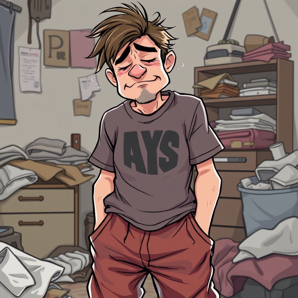 Create mid 30 character who is lazy as heck. And you could tell from his face and his entire outfit. Make is funny and the style of the graphic photographic